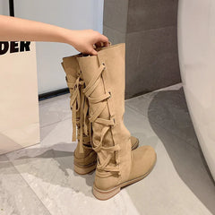 LBSFY  -  Fashion Knee Length Women Boots New High Quality Suede Round Head Back Strap Low Heel Long Boots Commuter Modern Boots