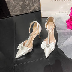 LBSFY  -  Spring and Autumn New Water Diamond Bow Knot Pointed Hollow Straight Line with Baotou Sandals Satin White Wedding Shoes