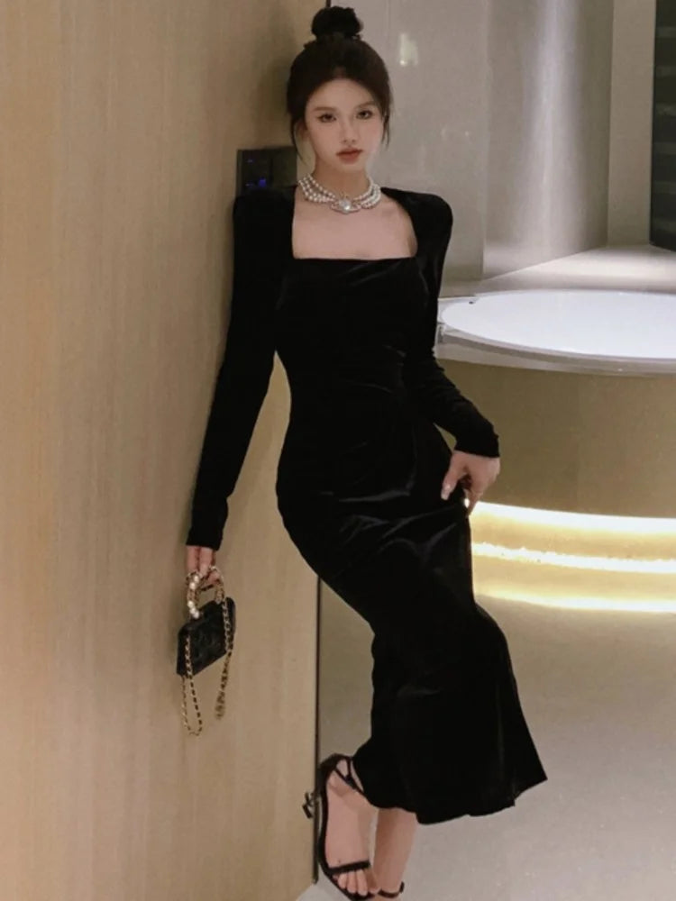 LBSFY -Elegant Solid Velvet Mermaid Dress for Women Vintage Chic Square Collar Bodycon Evening Party Dresses Female Slim Vestidos Mujer