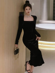 LBSFY -Elegant Solid Velvet Mermaid Dress for Women Vintage Chic Square Collar Bodycon Evening Party Dresses Female Slim Vestidos Mujer