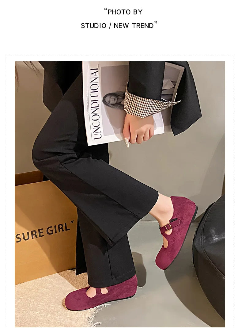 LBSFY -Retro Faux Suede Flat Internal Increase Women Dance Shoes 2025 Spring Autumn New French Casual Commuting Mary Jane Shoes Woman