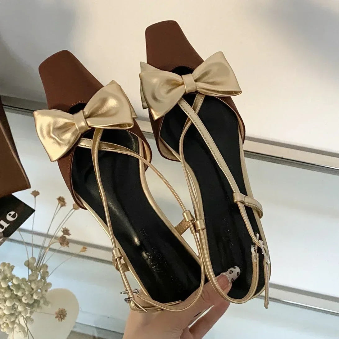 Lbsfy Sweet Butterfly-knot Low Heel Mules Women Shallow Elegant Dress Shoes Female Comfy Cross-tied Square Toe Slingback Sandals Women