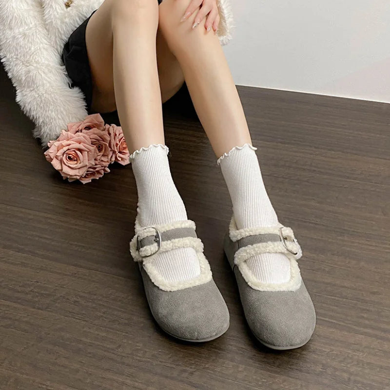LBSFY  -  Designer Winter Mary Jane Cotton Shoes Women Belt Buckle Fashion Warm Fur Flats Shoes Femme Comfort Soft Sole Ballerina Shoes