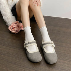 LBSFY  -  Designer Winter Mary Jane Cotton Shoes Women Belt Buckle Fashion Warm Fur Flats Shoes Femme Comfort Soft Sole Ballerina Shoes