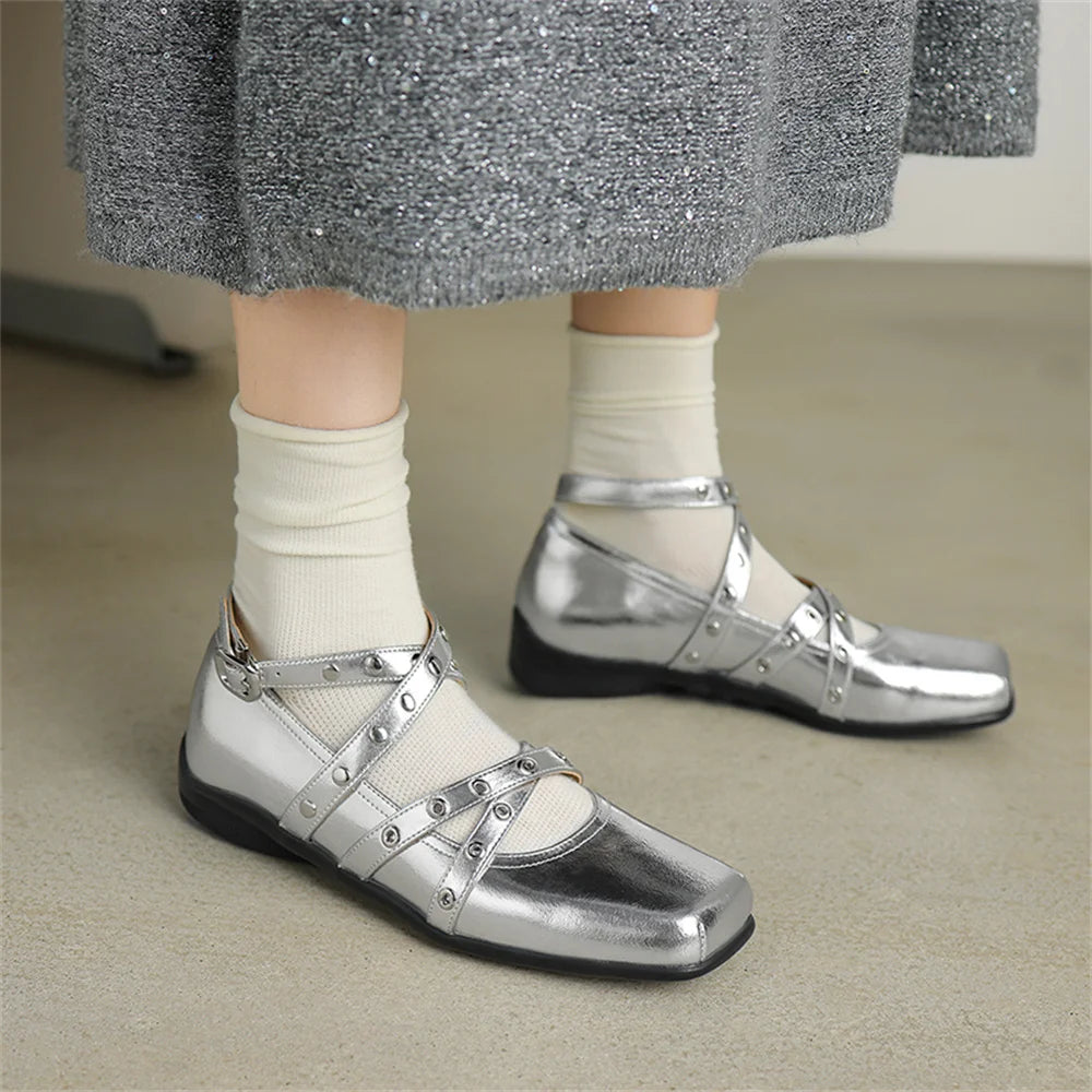 LBSFY  -  Shallow Rivet Low Heel Pumps Buckles Strap Decoration Punk Genuine Leather Women Pumps Fashion Party 2025 Spring Pumps