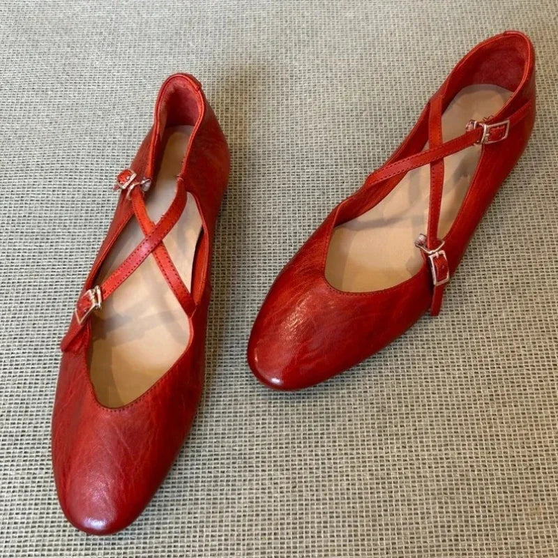 LBSFY  -  Brand Round Toe Flat Ballet Shoes Women Retro Soft Sole Mary Jane Shoes Cross-tied Comfy Low Heel Dress Shoe Casual Mules Shoes