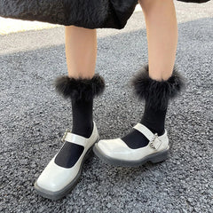 Lbsfy Pink Women Fur Socks Jk Lolita Middle Tube Socks Feather Kawaii Japanese Cotton Funny Cute Pile Socks Cosplay Party Accessories