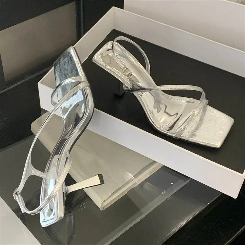 LBSFY -New Summer Fashion Square Toe Buckle Strap Sandals Women Elegant Thin Low Heels Party Stripper Shoes Pumps