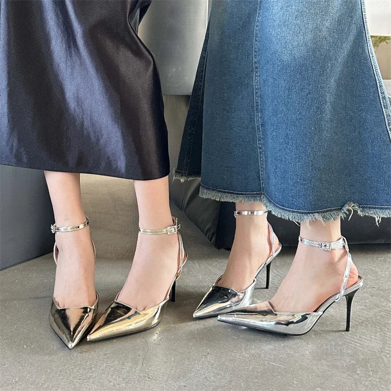 LBSFY -Gold Silver Ankle Buckle Strap Women Pumps Sexy Thin High Heels Pointed Toe Slingback Mules Dress Designer Shoes