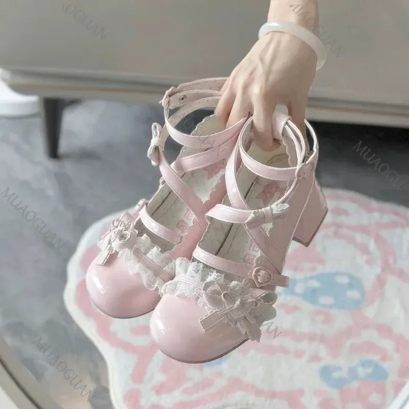 LBSFY -Lolita Red High Heels Cute pumps Shoes spring Autumn Lace Thick high heels Single Shoes Patent Leather Mary Jane Women's Shoes