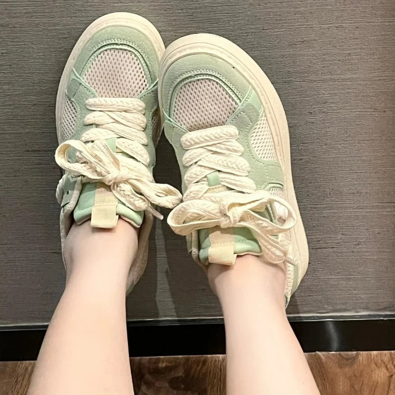 LBSFY  -  Comfortable Womens Sneakers Grid Design Breathable Lightweight Skate Shoes Versatile Lace Up Mint Green Casual Sneakers