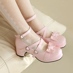 LBSFY  - Plus Size 34-48 Women Lolita Cosplay Shoes Girls Sweet Bows Heart-Shaped Buckle Platform Cross Strap Block Heel Mary Jane Pumps