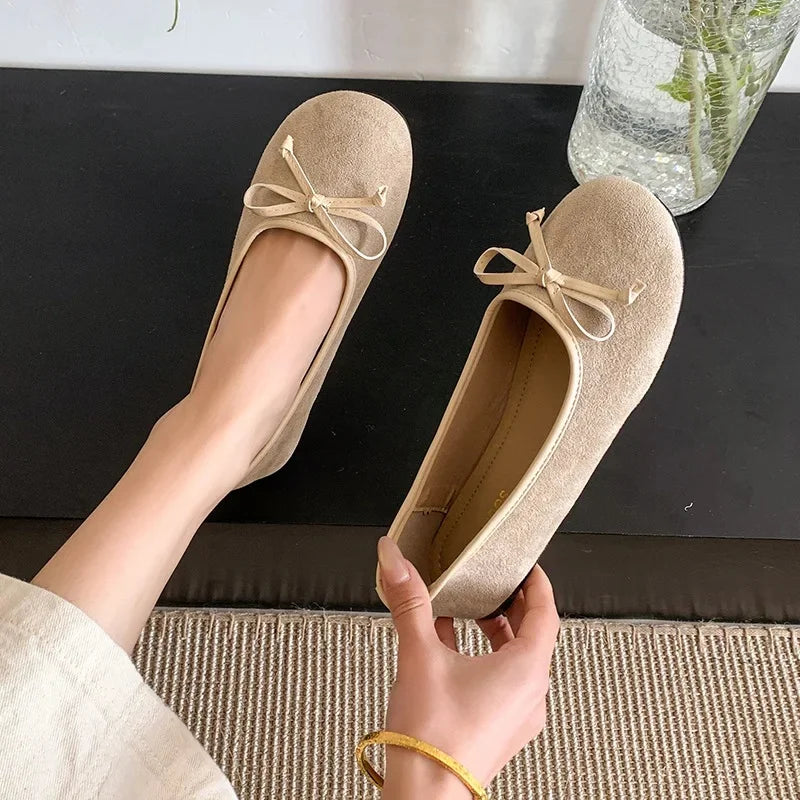 LBSFY -Spring 2025 Women's Flat Bottom Slip-On Shoes with Butterfly Knot round Head Bean Style Korean Fashion Low Cut Casual Shoes