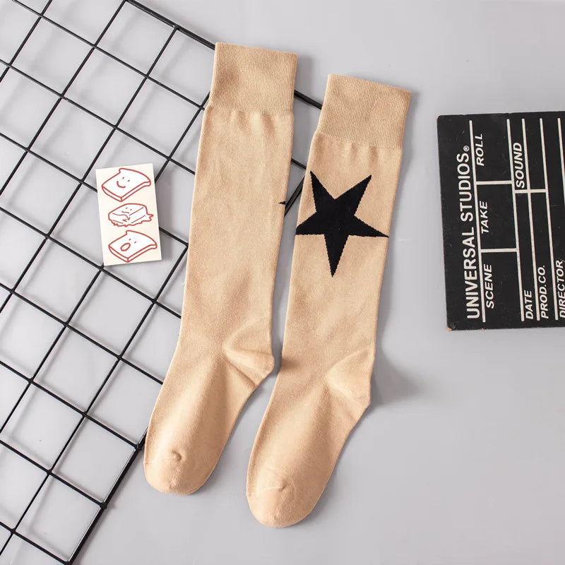 Lbsfy Women's Socks Cotton Spring Autumn Winter Black White Harajuku Korean Streetwear Socks Star Print Long Stockings Knee-high Socks