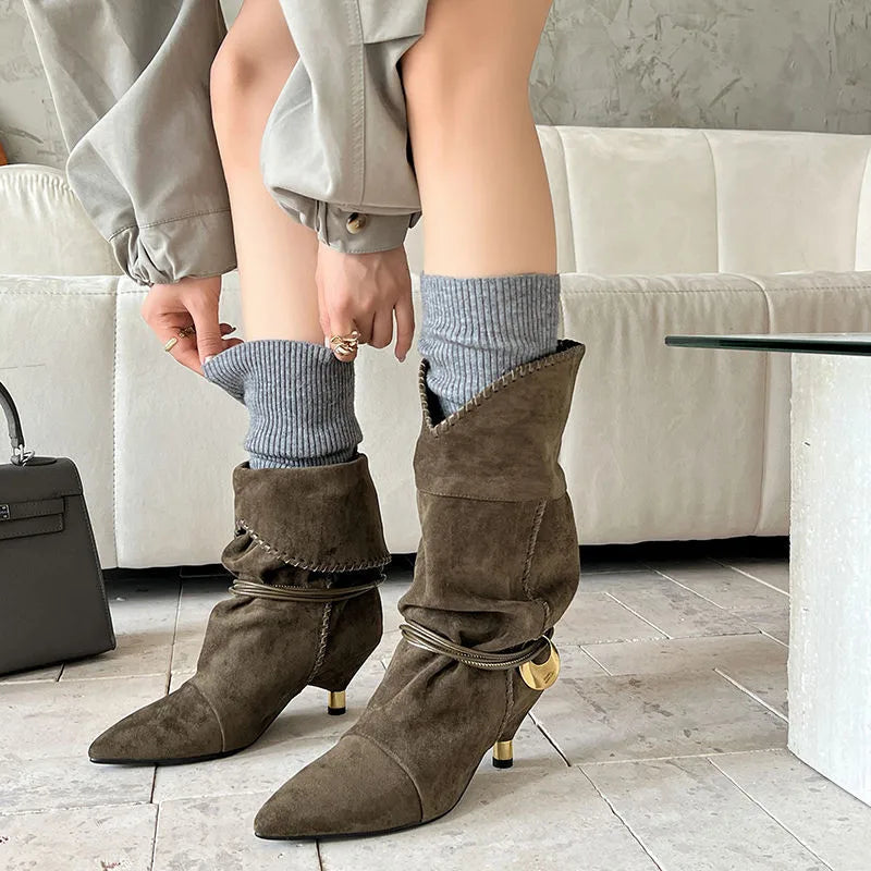 LBSFY  -  Fashion Short Boots Women's New High Quality Suede Boots Pointed Wrinkled High Heels Commuter Boots Calf Women Boots