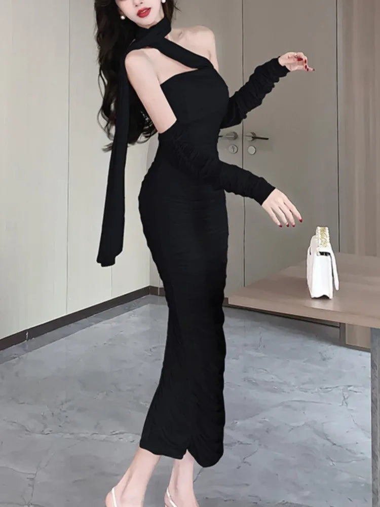 LBSFY -Fashion Sexy Halter Pleated Party Dress for Women Vintage Elegant Autumn Strapless Birthday Ladies Bodycon Split Vestidos Mujer