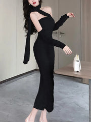 LBSFY -Fashion Sexy Halter Pleated Party Dress for Women Vintage Elegant Autumn Strapless Birthday Ladies Bodycon Split Vestidos Mujer