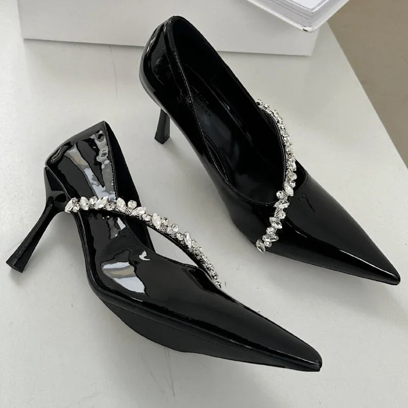Lbsfy Rhinestone Chain Sexy Thin High Heels Women Pointed Toe Pumps Office Shoes Female Fashion Elegant Dress Shoes Zapatos De Mujer