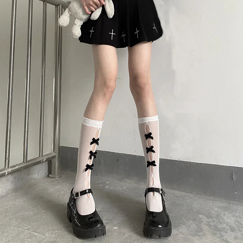 Lbsfy Stockings Woman Summer Bowknot Hollow Cute Lolita Socks Medium Length Black/White Stockings Women Lingerie