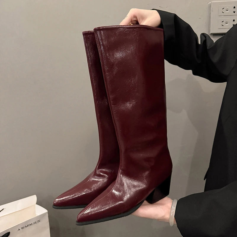 LBSFY -New Women's Leather Kitten Heel Square Toe Slip-on Autumn Knee High Boots Casual Female Long Boots Shoes Knee-High Boots