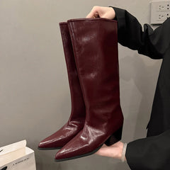 LBSFY -New Women's Leather Kitten Heel Square Toe Slip-on Autumn Knee High Boots Casual Female Long Boots Shoes Knee-High Boots