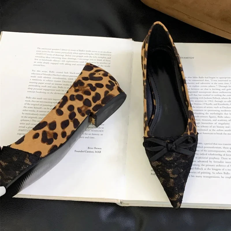 LBSFY  -  Elegant Pointed Toe Women Shoes Leopard Print Shallow Mules Shoes 2025 Spring Fashion Suede Bow Design Flat Shoes Zapatos Mujer