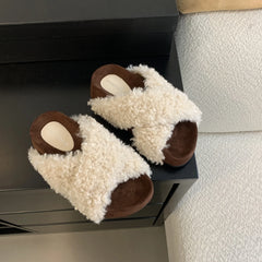 LBSFY  -  Cross Striped Lamb Wool Thick Soled Fur Shoes for Autumn and Winter Wear, Height Increasing Sponge Sole, Versatile One-Piece Mop