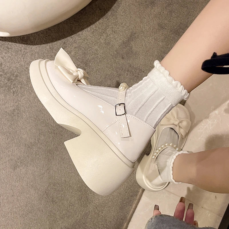LBSFY -Fashionable Mary Jane Women's Shoes Thick Soles and Heightening Spring New Sweet Bow Shallow Mouth Buckle High-heeled Shoes