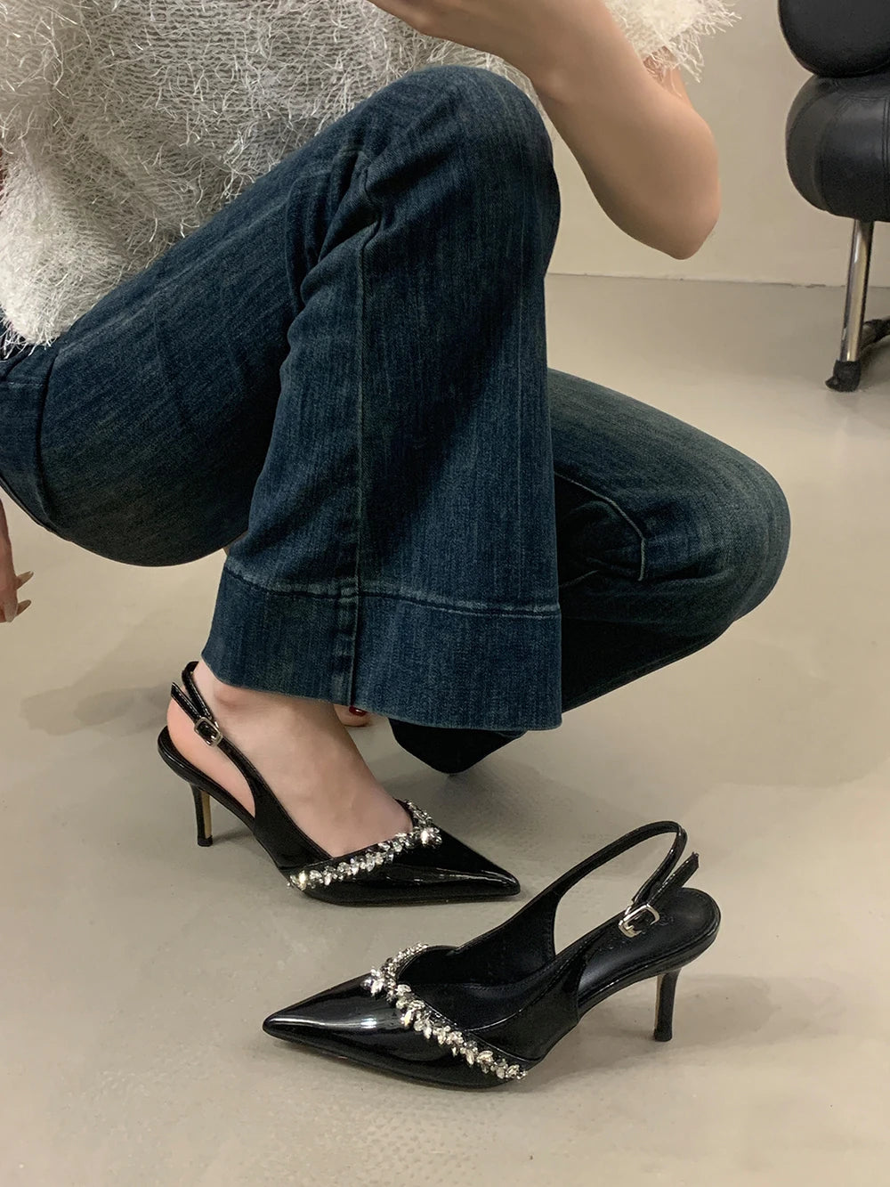 LBSFY  -  Pointed Toe Women Sandals Beige Black Rhinestone Chain Stiletto High Heels 2024 New Arrivals Back Strap Belt Buckle Party Pumps