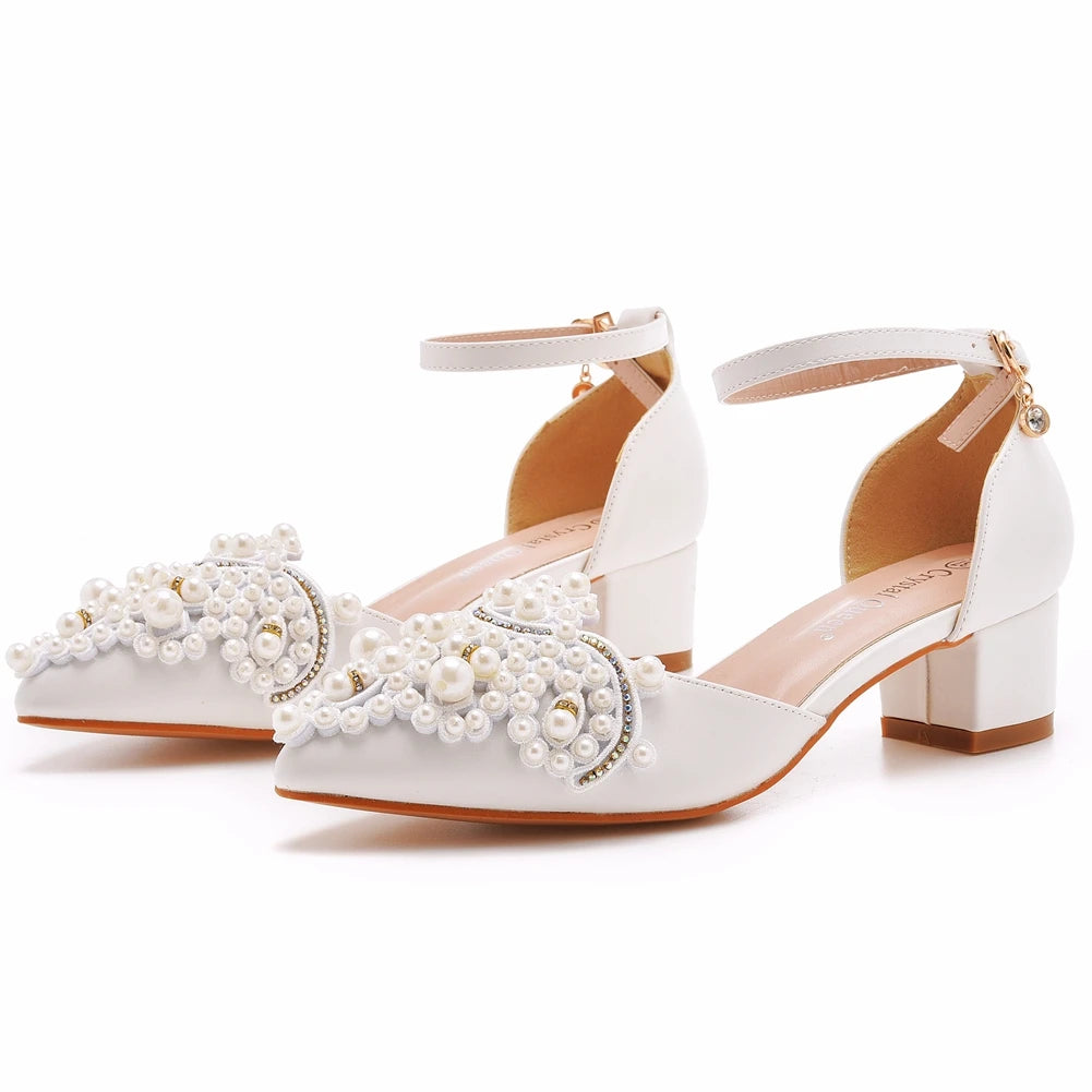 LBSFY  -   Rhinestones Block High Heel Sandals White Pearl Wedding Bridal Shoes Pointed Toe Buckle Strap Women Pumps