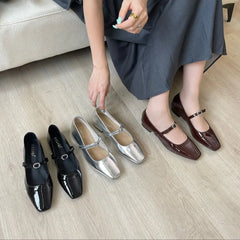LBSFY  -  Round Toe Women Flats Loafers Black Brown Silver Belt Buckle 2024 New Arrivals Low Heels Dress Shoes Patent Leather Size 35-39