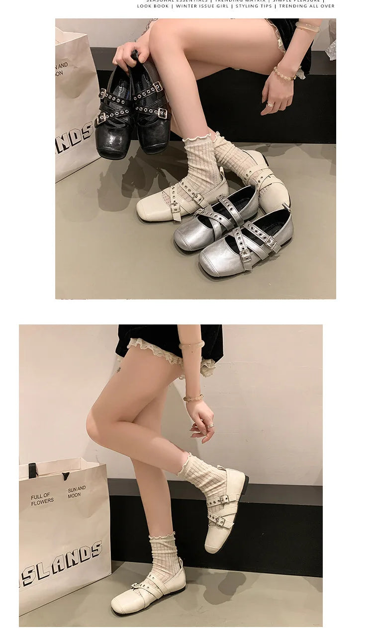 LBSFY -Designer Spring Women Mary Jane Shoes Fashion Square Toe Ladies Comfort Soft Sole Flats Women's Belt buckle Ballerinas Shoes