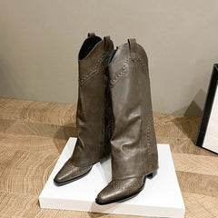 LBSFY  -  Retro Pointy Western Cowhide Leather Boots Women's New Brown Riveted Pant Boots All Match Chunky Heel Thigh-high Tide Boot