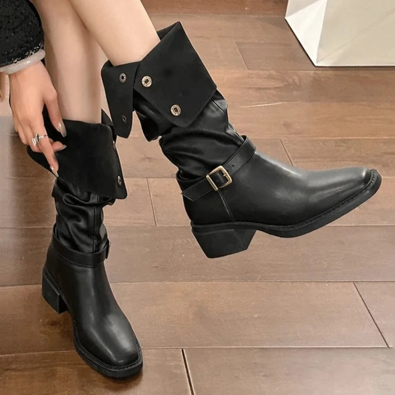 LBSFY -New Style Fashion Women's Thick Heels Fold Pile Long Knight Boots Pointed Low Heels Casual Elegant Temperament Sleeve Slim Boots
