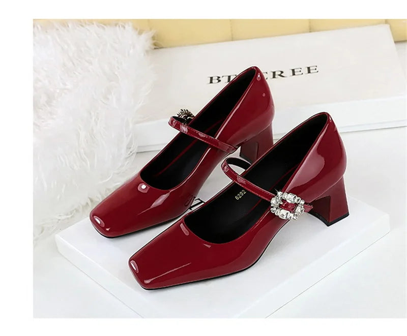 LBSFY -Banquet Mary Jane Women Single Shoes Square Toe Light Mouth Patent Leather One-Striped Rhinestone Buckle Thick Heel Medium Heel