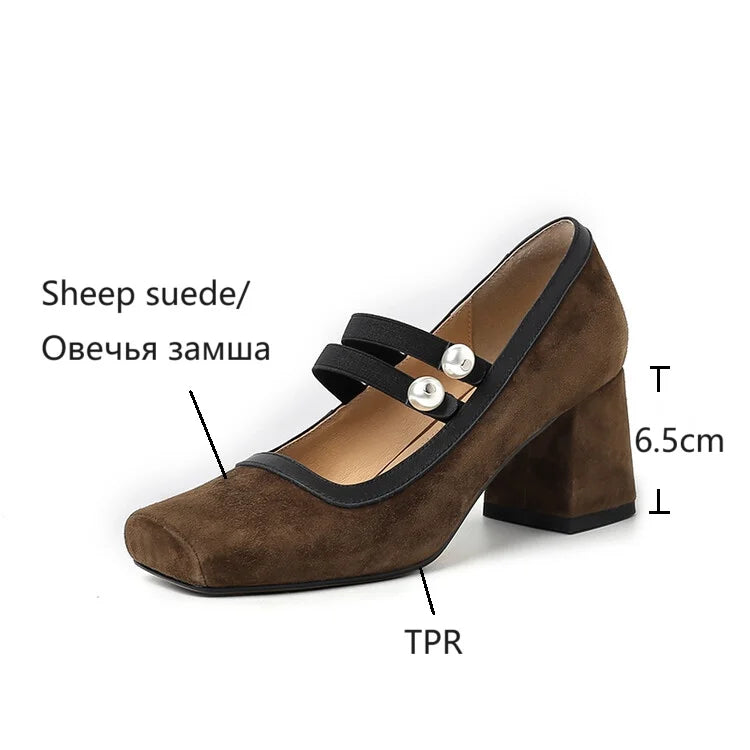 LBSFY  -  NEW Spring/Autumn Women Pumps Sheep Suede Leather Shoes for Women Square Toe Chunky Heel Shoes Pearl High Heel Mary Janes Shoes