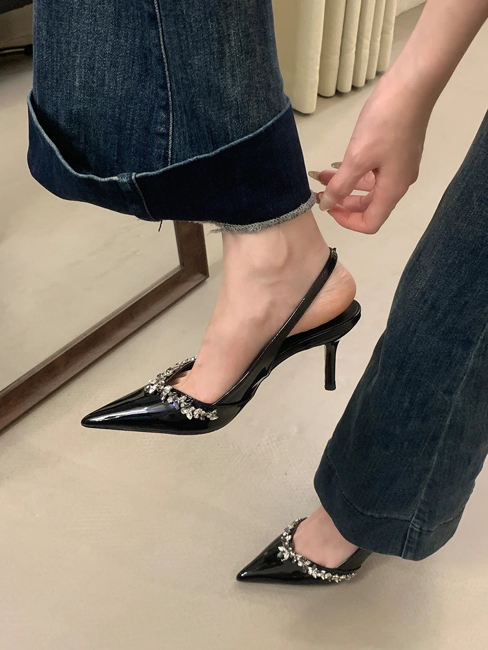 LBSFY  -  Pointed Toe Women Sandals Beige Black Rhinestone Chain Stiletto High Heels 2024 New Arrivals Back Strap Belt Buckle Party Pumps