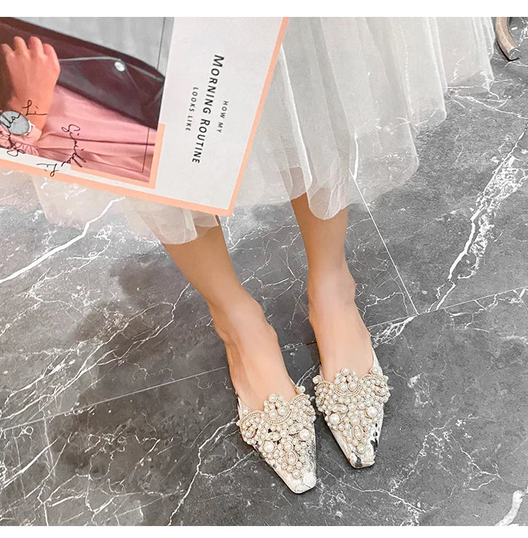 LBSFY -Pearl Half Slippers Women Shoe Autumn Rhinestone Chunky Mid Heel Slipper Sandals Fashion Muller Casual Versatile Single Shoes