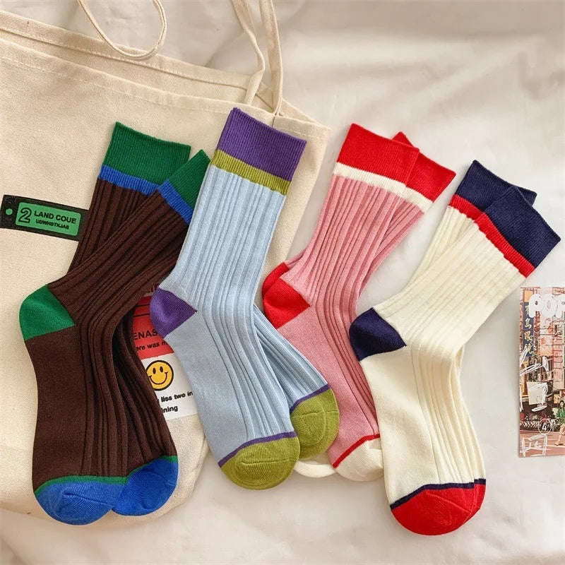 Lbsfy Fashionable Colorblocking Middle Tube Socks Girls Color Contrast Crew Sock Ins Popular Women's Socks Trendy Long Socks Woman