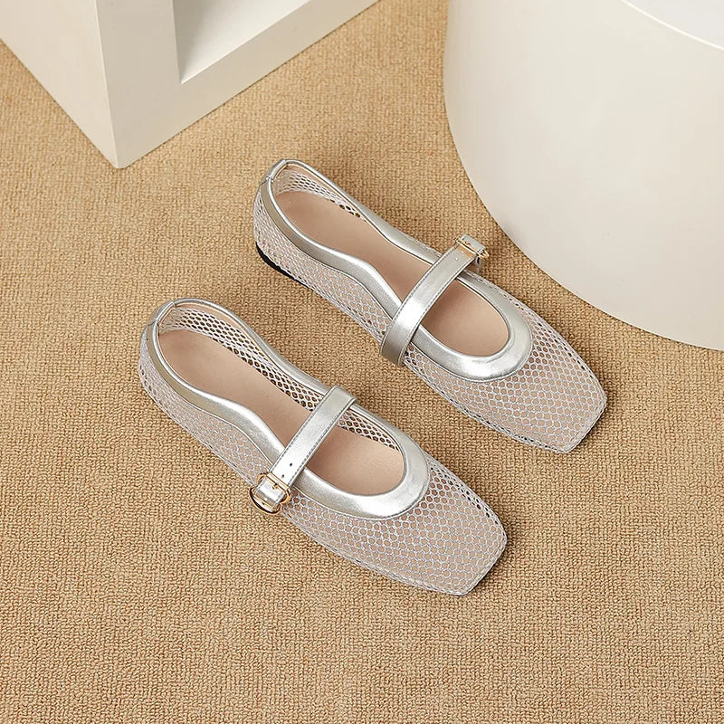 LBSFY  -  Fashion Square Toe Mesh Ballet Flats Buckle Strap Mary Janes Breathable Hollow Out Single Shoes Female Flat Bottom Casual Shoes