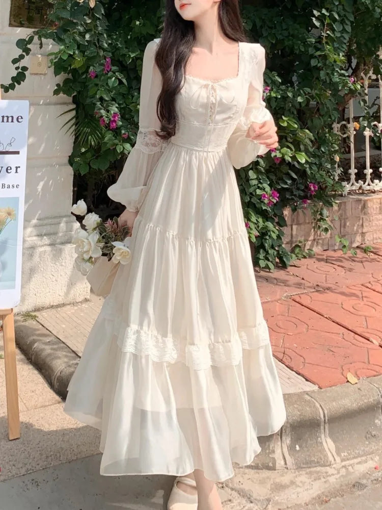 LBSFY -French Ruffle Lace Midi Dress Elegant Fairy Square Neck Long Sleeve A-line Vestidos Casual Slim Evening Party Solid Mujers Robe