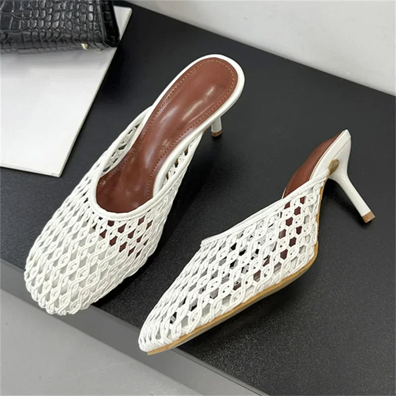 LBSFY -Summer Hollow Out Breathable Mesh Weaving Women Slippers Fashion Thin Heels Party Dress Mule Shoes Large Size 43
