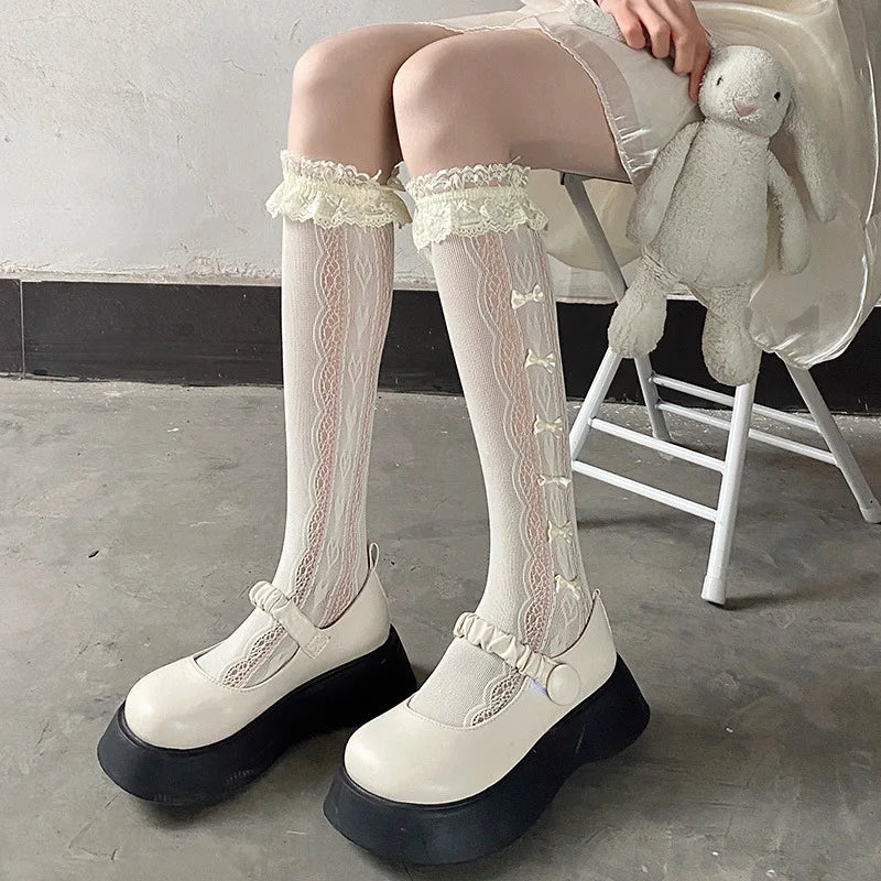 Lbsfy Solid Color Bowknot Hollow Lace Stockings Woman Summer Middle Tube JK Lolita Cute Socks Black White Fishnet Stockings for Women