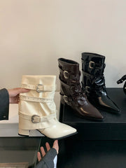 LBSFY  -  Pointed Toe Women Mid Calf Boots Black Brown Belt Buckle Thick High Heels Chelsea Boots Woman Size 35-39 Slip On Fashion Pumps