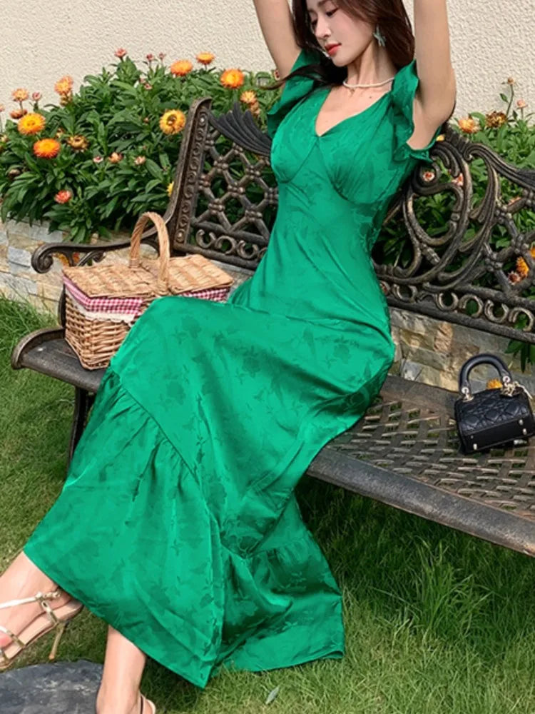 LBSFY -Summer French Vintage Ruffles Satin Women's Long Dresses Green Waist Print V-Neck Flying Sleeves Dress Fashion New Vestidos