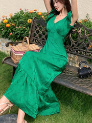 LBSFY -Summer French Vintage Ruffles Satin Women's Long Dresses Green Waist Print V-Neck Flying Sleeves Dress Fashion New Vestidos