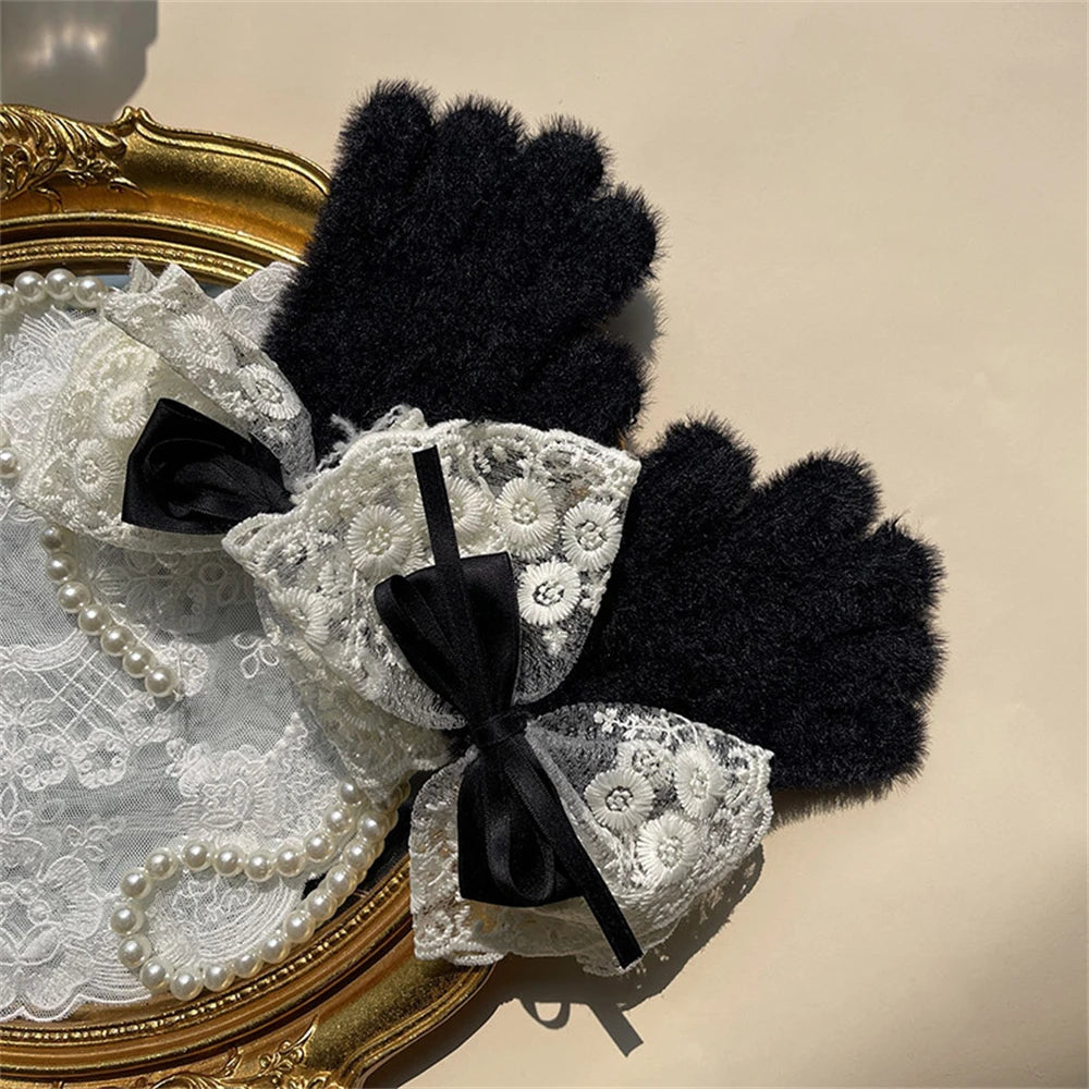 Lbsfy Lolita Winter Warm Knitted Full Finger Gloves Women's Ribbon Ties Lace Touch Screen Gloves Lady Thickened Fleece Woolen Mittens