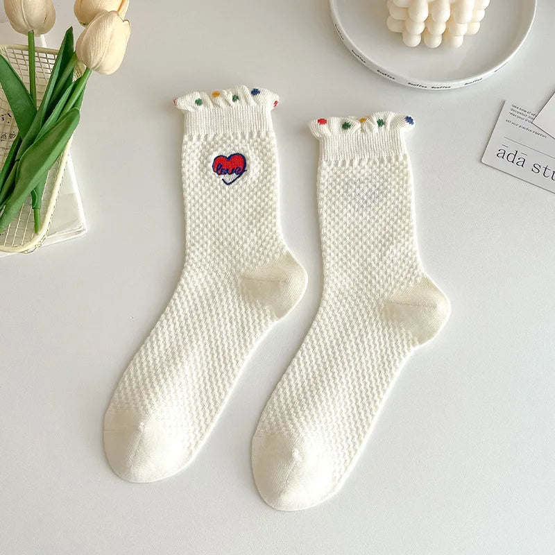 Lbsfy White Socks Women Polka Dot Heart Print Japanese Kawaii Cute Harajuku Street Middle Tube Short Crew Ruffle Socks For Girls Gift