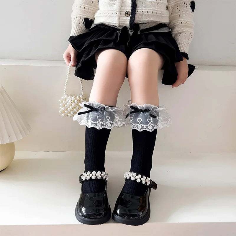 Lbsfy Autumn Girl Lolita Sweet Lace Bowknot Socks Classic Long Children Lacework Socks Vintage Soft Cute Fashion Elasticity Stockings