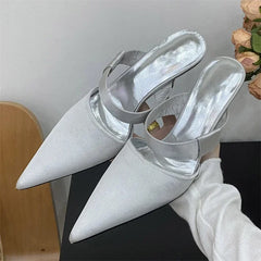 LBSFY -Spring Summer Satin Hollow Mules Women Slippers Elegant Pointed Toe Thin High Heels Dress Ladies Shoes